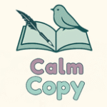 Calm Copy logo, open book with pen across the left page and bird sitting at the top of the right page