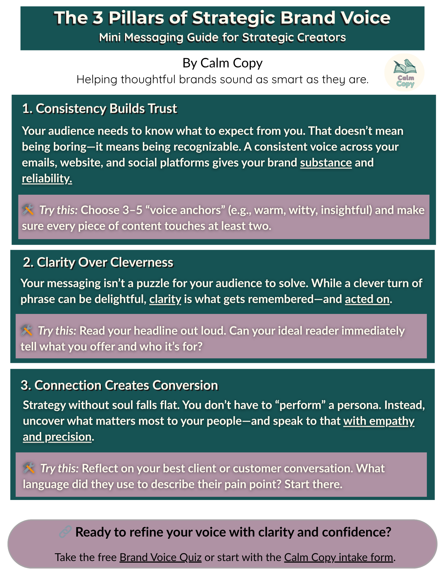 Sample of a PDF brand voice guide for the Sage Strategist voice.