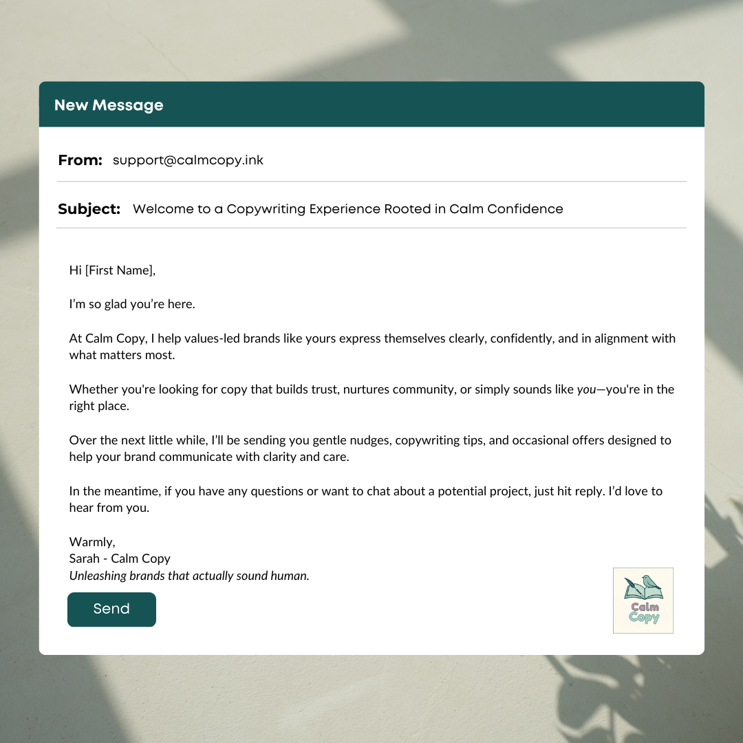 Sample welcome email letter from Calm Copy, written in the Gentle Authority brand voice