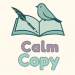 Calm Copy logo, open book with pen across the left page and bird sitting at the top of the right page